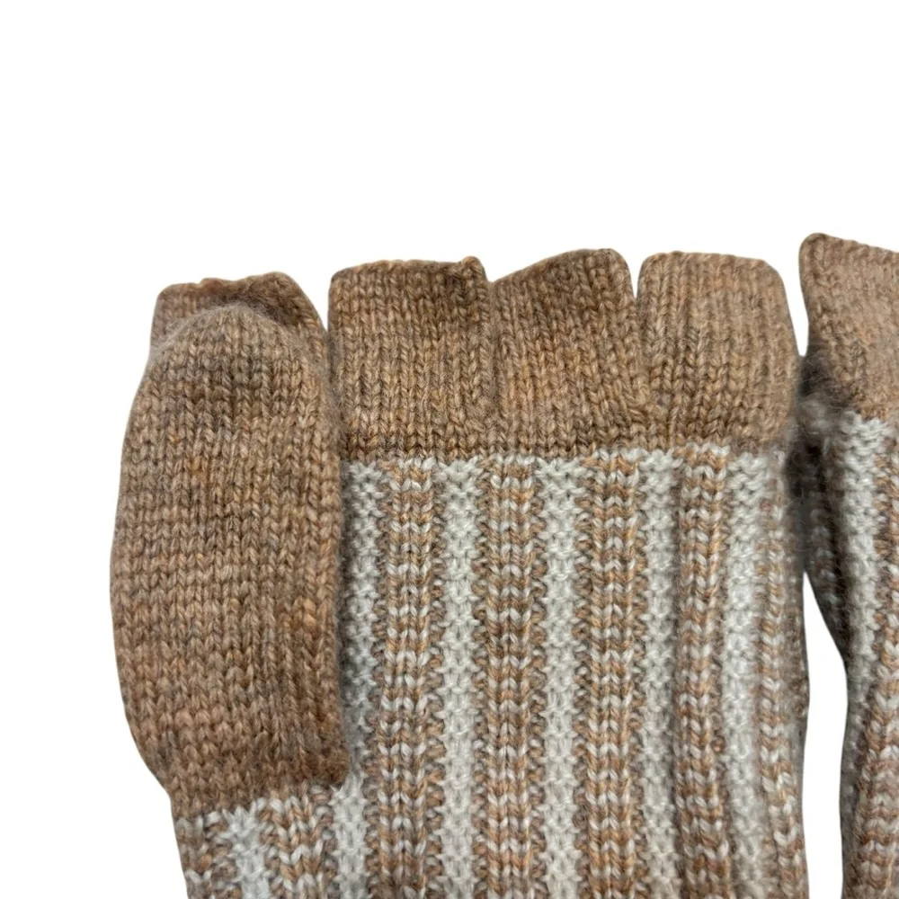 Ladies Tan and Ivory Knit Fingerless Mittens One‎ Size